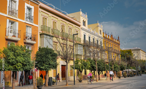 Seville, Spain - February 8th, 2020 - Beautiful and Colorful Architectural Buildings in Seville City Center, Spain.