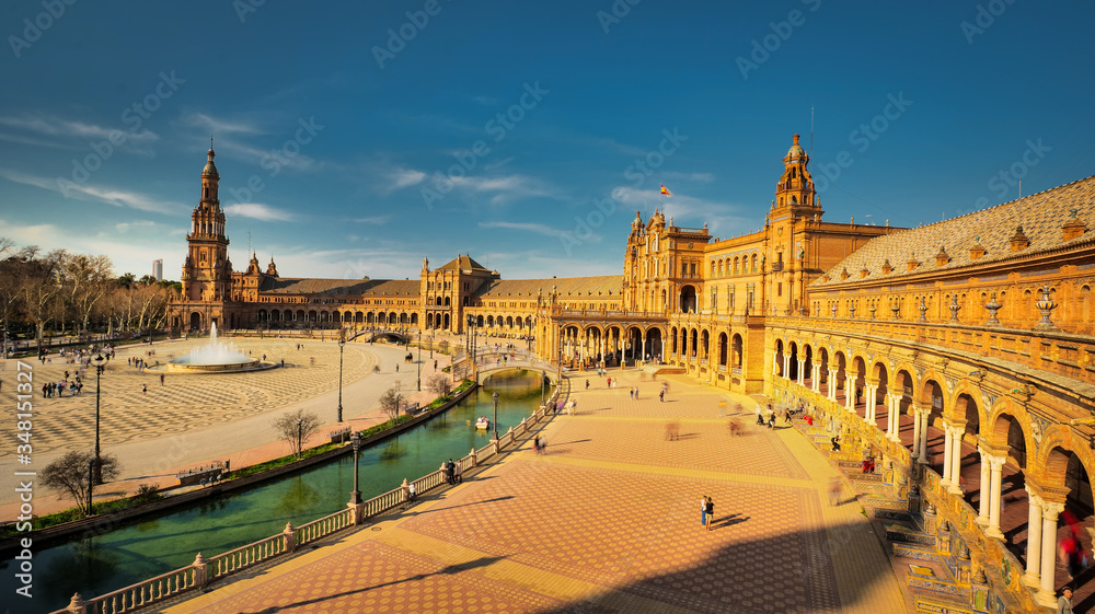 Seville, Spain - February 16th, 2020 - Plaza de Espana / Spain Square with the Canal and beautiful Architecture Details, in Seville City, Spain.