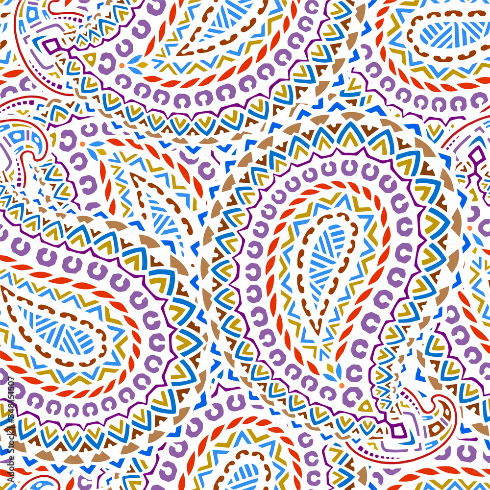 Seamless pattern based on traditional oriental paisley elements, Indian, Turkish, Persian cucumber. Suitable for textiles, fabrics, wallpapers, wrapping paper. 
