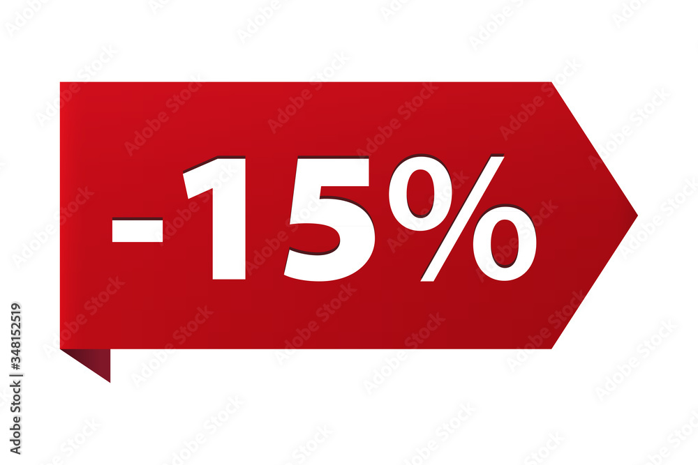 Discount minus 15 percent Banner ribbon red icon isolated on white background. Vector illustration