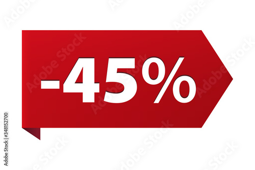 Discount minus 45 percent Banner ribbon red icon isolated on white background. Vector illustration