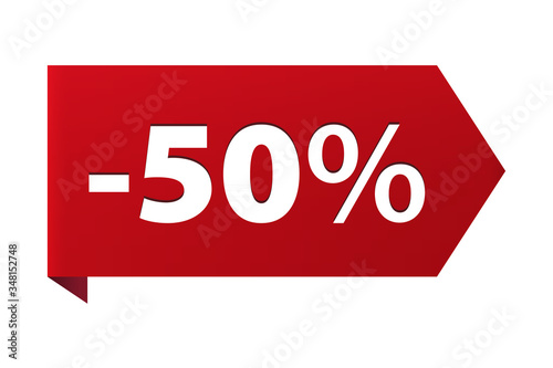 Discount minus 50 percent Banner ribbon red icon isolated on white background. Vector illustration