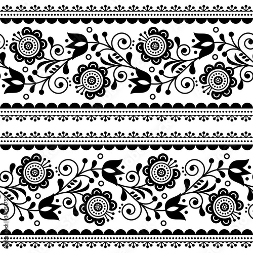 Scandinavian style seamless vector pattern with flowers, Nordic folk art repetitive black and white ornament - horizontal stripes
 