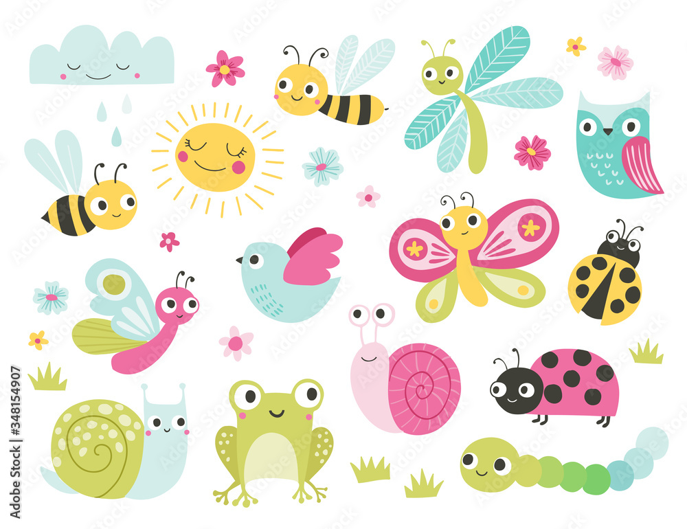 Cute bugs and animals character set. Funny cartoon insects, butterfly, bee, frog, owl, snail, ladybug. Garden, pond, meadow creatures. Spring and summer vector illustration for kids.