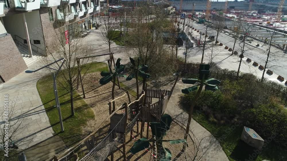 Drone shows empty playground in Hamburg City because of corona lockdown 