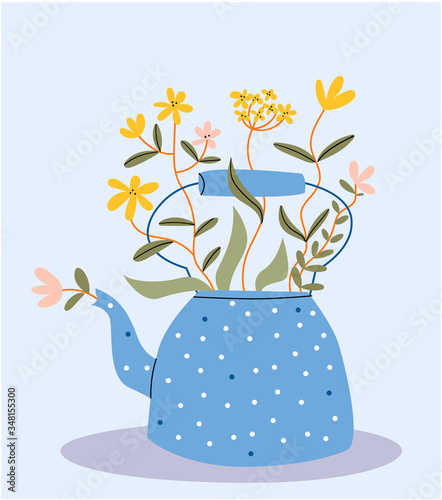 Blue teapot in a dot with wild yellow flowers.Cute teapot with bouquet of flowers. Spring flowers.Perfect for greetings, cards, posters, congratulations, tea shop or store.