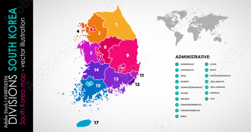 Vector map of South Korea regions beautiful colours