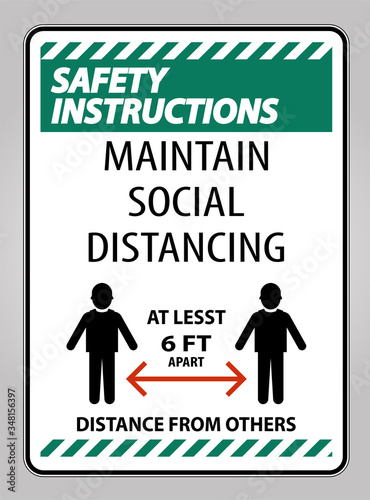 Safety Instructions Maintain Social Distancing At Least 6 Ft Sign On White Background,Vector Illustration EPS.10