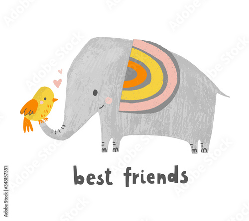 Cute elephant and bird. Best friends animal characters. Kids vector illustration. Kids poster, greeting card, birthday invitation, apparel, clothing, nursery wall art.