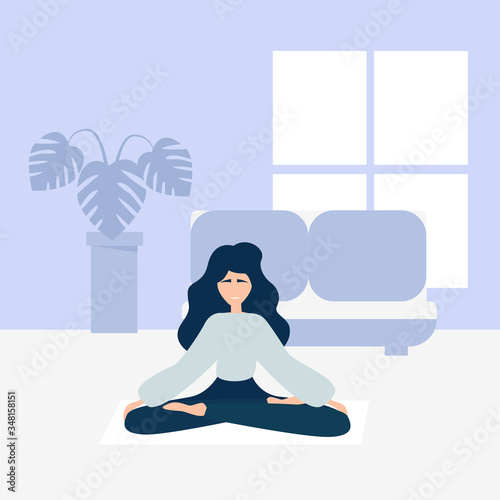 Woman exercising yoga at home. Stay at home yoga meditation practice cartoon. Breathing exercise workout.