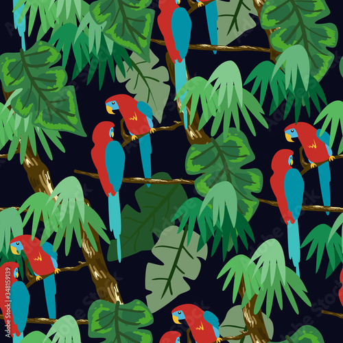 Seamless pattern with parrot. Forest pattern vector background