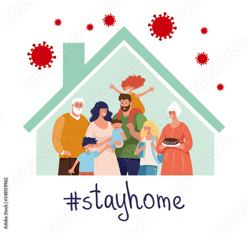 CoVID-19 Spread of the virus. New Coronavirus 2019-nCoV Positive quarantine self-isolation poster. A happy family is protected from the virus in their home. Flat vector illustration