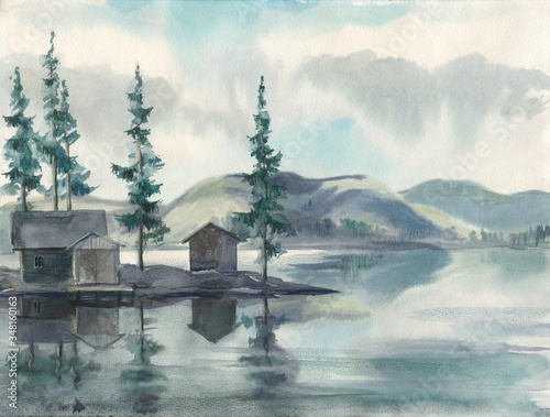 Watercolor sketch: Boathouse on the lake photo
