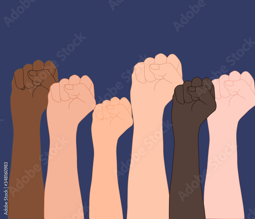 Many color Fist hands rise up in the air in the blue background. Empowering, Labor day, humans right, fight concept. 