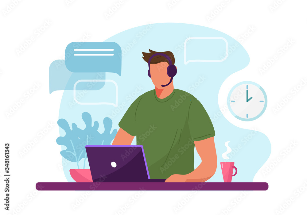 Man with headphone and computer, call center, customer service and support. Flat vector illustration concept of distance work, distance education