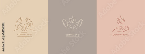 Delicate and natural logos with the image of hands. Vector illustration for female business. Handwork or hand care. Logo for a beauty salon or massage.
