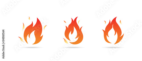 Fire flames with shadow on white background, vector illustration, isolated.