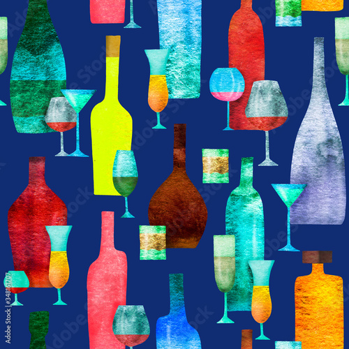 Seamless pattern with stylized silhouettes of colored bottles of alcohol. Watercolor.