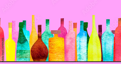 Seamless ribbon border with stylized silhouettes of colored bottles of alcohol and glasses. Watercolor.