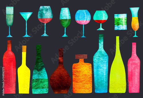 Set of stylized silhouettes of colored bottles of alcohol and glasses. Watercolor. Isolated