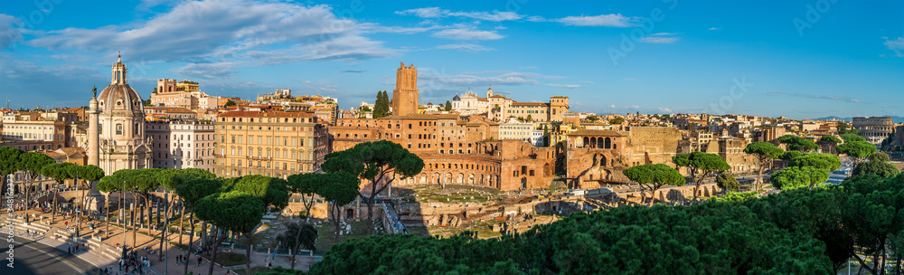 Panorama of ancient ruins of Trajan Forum or Foro Traiano in Rome, Italy, view from above.
