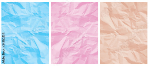 3 Abstract Textured Vector Layouts. Pastel Color Crumpled Paper Layers. Salmon Pink, Light Blue and Light Pink Backgrounds. Simple Creative Creased Paper Design. No Text.