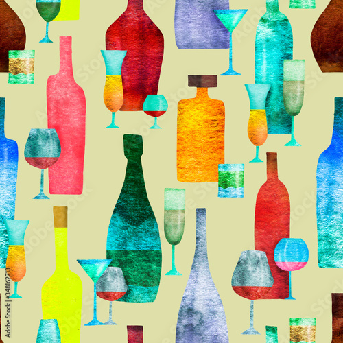 Seamless pattern with stylized silhouettes of colored bottles of alcohol. Watercolor.