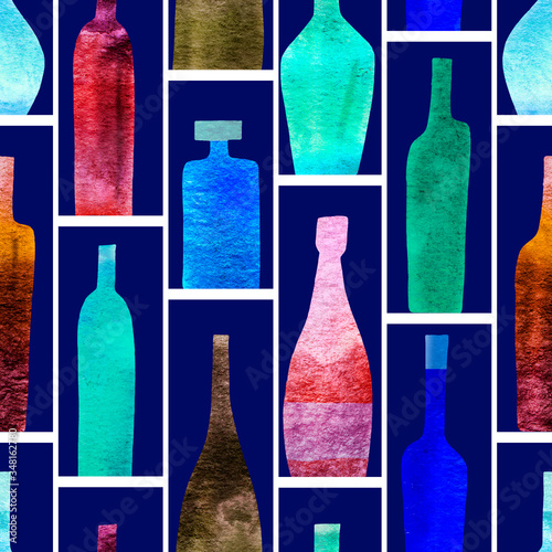 Seamless pattern with stylized silhouettes of colored bottles of alcohol on a blue background. Watercolor.