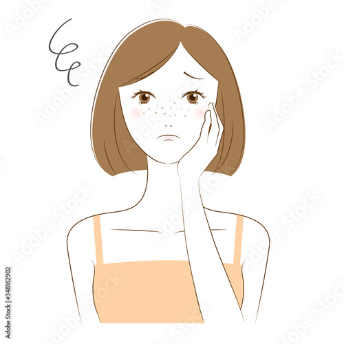 Illustration of a woman feeling sad with skin problems