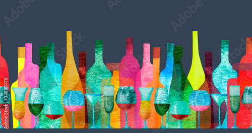 Seamless ribbon border with stylized silhouettes of colored bottles of alcohol and glasses. Watercolor.