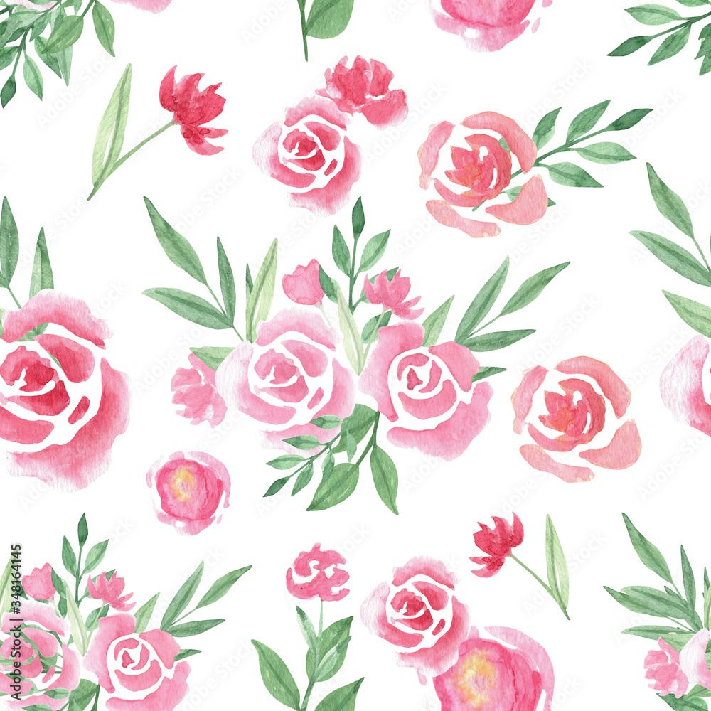 Seamless pattern with loose watercolor roses for gift card, invitation, wedding menu. Floral illustration isolated on white background. Pastel color.