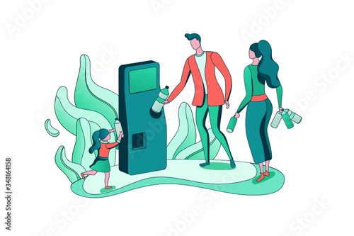 Reverse vending cartoon concept, people put plastic bottle and aluminum can into machine, ecology flat vector illustration, garbage disposal, recycling, environment protection