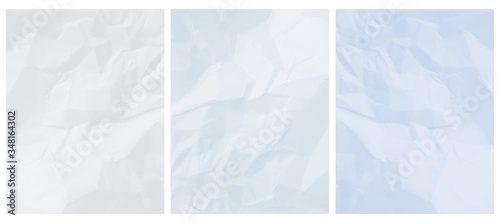 3 Abstract Textured Vector Layouts. Pastel Color Crumpled Paper Layers. Light Blue, Ice Blue and Light Gray Backgrounds. Simple Creative Creased Paper Design. No Text.