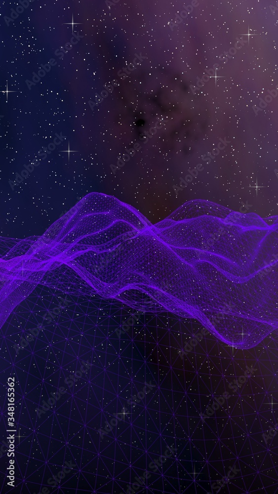 Fototapeta premium Abstract ultraviolet landscape on a dark background. Purple cyberspace grid. hi tech network. Outer space. Violet starry outer space texture. 3D illustration