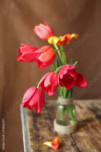 vase with red tulips on a white table 