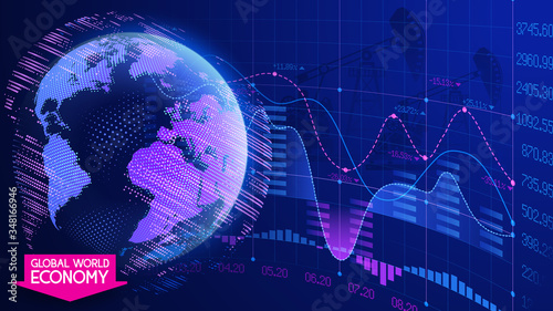 Dark blue abstract vector background. World economic crisis. Oil product prices. Planet Earth on the background of a scoreboard with indicators of trade indices on the stock exchanges. Oil derricks.