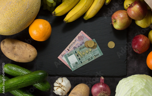 potato cabbage banana melon cucumbers onion garlic orange apples pear money a dark background Lebanon money photo