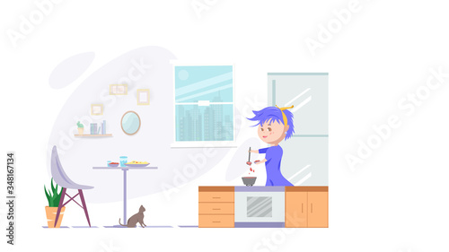 girl cooking in the kitchen room with pet, learning and development at home, people leisure activities skill in quarantine, cartoon character flat design vector illustration