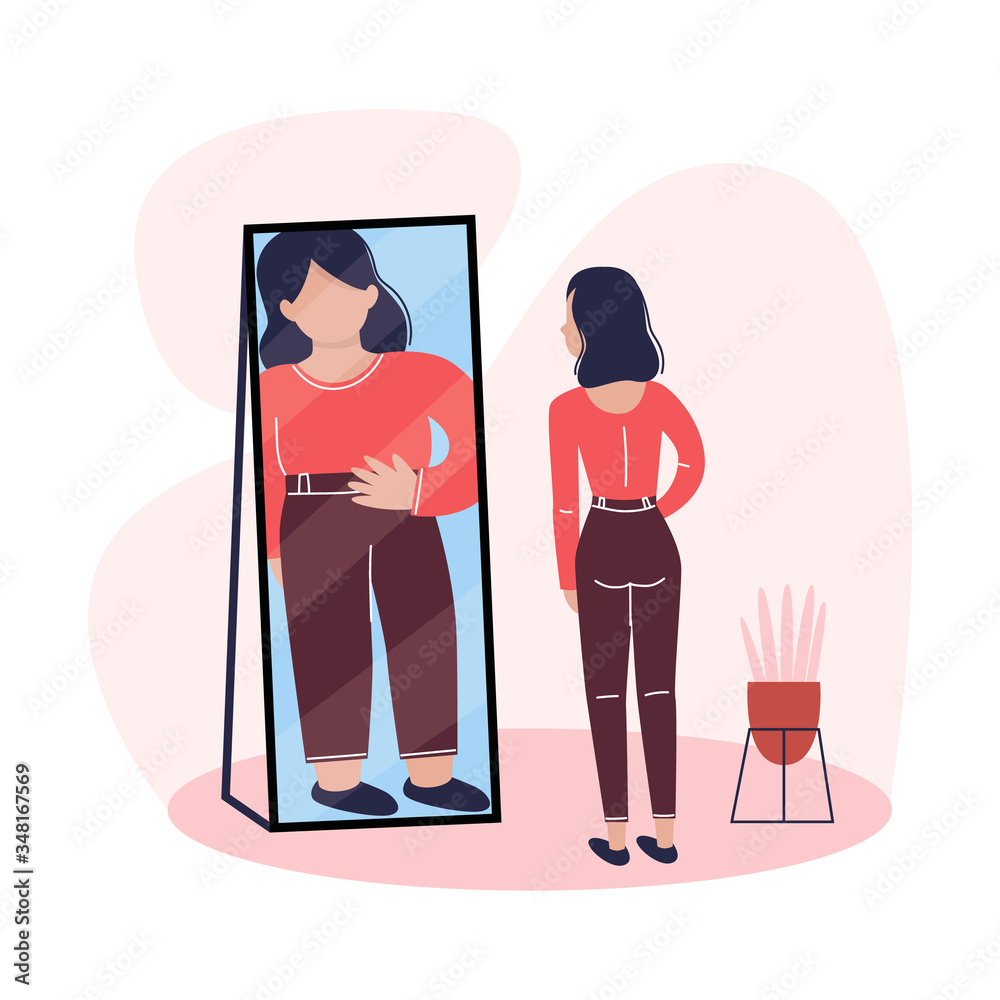 A slim young woman is looking in the mirror and seeing herself as overweight. Eating disorder, anorexia or bulimia concept. Vector illustration.