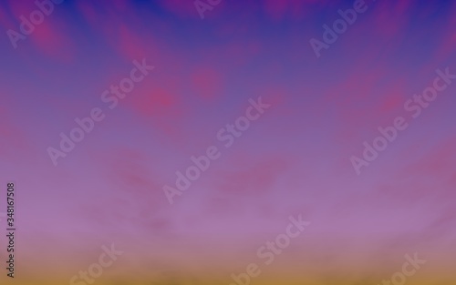 Cumulus pink clouds in the purple sky at sunset. Abstract group of clouds in the evening. 3D illustration