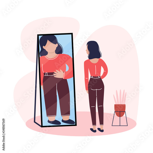 A slim young woman is looking in the mirror and seeing herself as overweight. Eating disorder, anorexia or bulimia concept. Vector illustration. photo