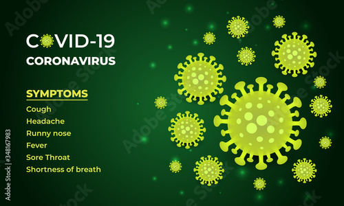 Coronavirus symptoms on a dark green vector background. Covid-19 cells on a green vector background. Novel coronavirus symptoms. Vector sign of virus 2019-nCoV.