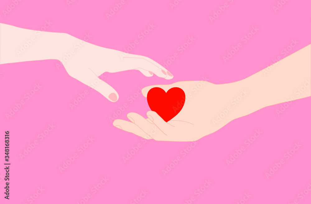 Male hand below is holding the red heart and Female hand with the pink nail is above on pink background. Valentine concept. Encourage concept. Male hand below is holding the red heart and Female hand with the pink nail is above on pink background. Valentine concept. Encourage concept.