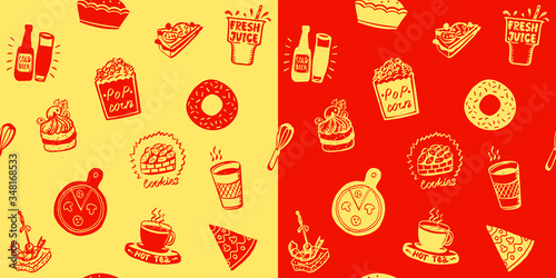 Fast food patterns set, doodle style hand drawn food symbols