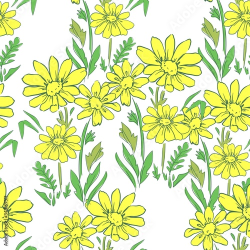 Flowers background print for textile. The drawn flowers beautiful illustration for the fabric. Design ornament pattern seamless. Vector