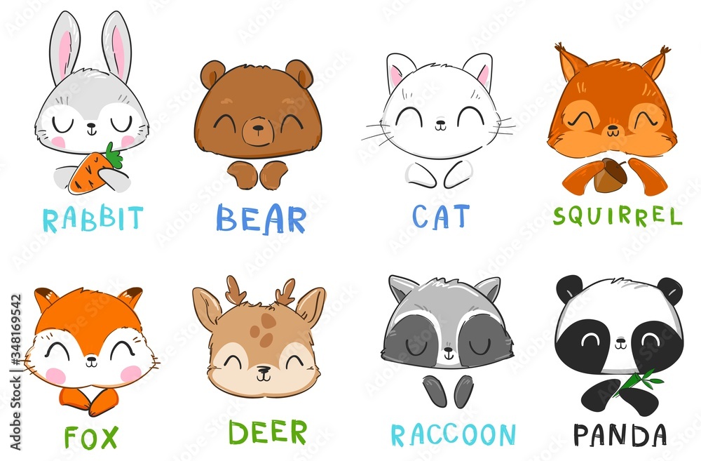 Set of cute animals Cat and squirrel, panda bear, rabbit and fox, raccoon and deer Vector Set of cute animals Cat and squirrel, panda bear, rabbit and fox, raccoon and deer Vector