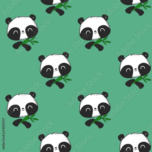 Fototapeta Naklejka Na Ścianę i Meble -  Panda and bamboo leaves background. Fabric with painted cute bear. Children's textile design. Vector illustration. Pattern seamless.