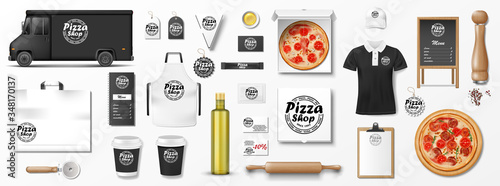 Mockup set for pizzeria, cafe or restaurant. Realistic branding set of pizzeria delivery truck, uniform, pizza box, menu, cardboard package. Pizza mockup elements for presention and advertising