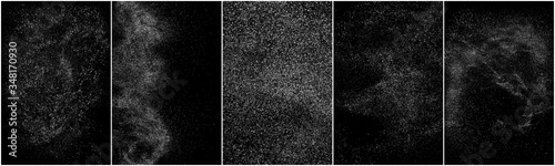 Set of distressed white grainy texture. Dust overlay textured. Grain noise particles. Snow effects pack. Rusted black background. Vector illustration, EPS 10. 