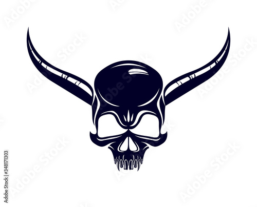 Devil sign horned skull vector illustration classic style tattoo, dead scull with animal horns.